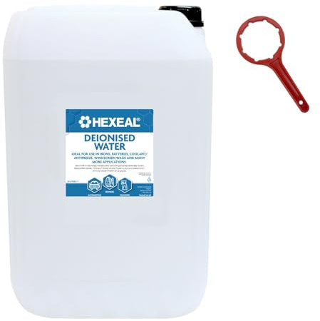 Hexeal Deionised Water 25L with Drum Spanner – 25L of Deionised Water for Steam Irons, Car Batteries, Windscreen Fluid & Antifreeze – Demineralised Water, Reduces Limescale Deposits & Water Stains