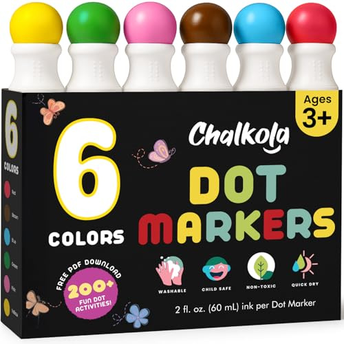 Chalkola 6 Dot Markers Kids – Bingo Stift, Auswaschbare Punktmarker Kinder | Stempelstifte mit 20-seitigem Aktivitätsbuch, Ungiftig, Dot Stifte, Bastelset für Vorschulkinder ab 3, Bingo Dabber