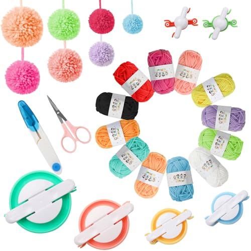 Lekeeu Pom Pom Maker Set 20Pack Pompom Makers Tool 12 Colours Yarn 6 Sizes | Sewing Scissors Sweater Ball Knitting Craft Kit Easy DIY Fluff Balls for Adults Kids Beginner Handmade Toy