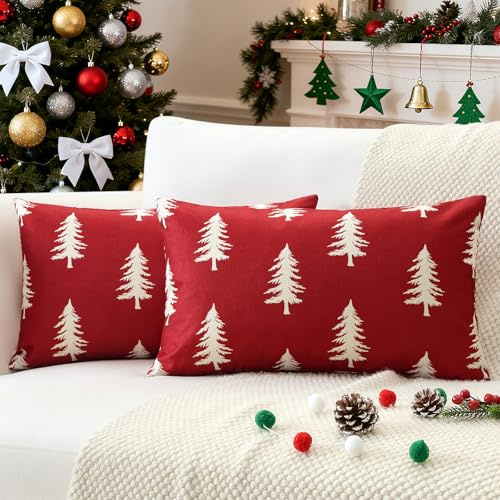 JOTOM 2er Set Weihnachten Kissenbezüge, Dekorative Weihnachtsbaum Doppelseitiges Muster Kissenbezug Moderne Kissenhüllen Dekokissen Zierkissenbezug für Wohnzimmer Garten (30x50cm, Rot)