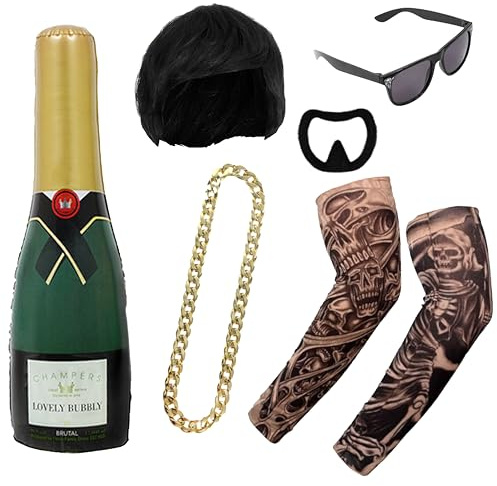 Ibiza Final Boss Costume Set with Bowl Cut Wig, Fake Tattoo Sleeves, Gold Chain, Shades, 73CM Inflatable Champagne Bottle and Stick-On Goatee – Funny Stag Do Festival Fancy Dress Outfit