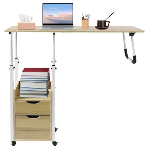 SuhoFutus Betttisch mit Rollen und Bremse, Laptoptisch und klappbar, 2 Schubladen und Ablage, Beistelltisch für Bett und Sofa, 70-88cm Höhenverstellbar, Gesamtbelastbarkeit 20kg (Helles Holz + Weiß)