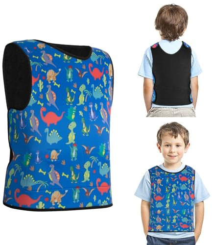 Gewichtsweste Kinder Verstellbar–Sensorische Kompressionsweste Buntes Dinosaurier-Design–Beruhigungsweste für Autismus,ADHS & Wahrnehmungsstörungen (mit 6 Herausnehmbaren Gewichten(Total 1,2kg))(S)