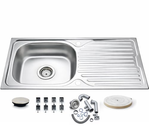 Evier Inox 1 Bac en acier inoxydable 86 x 43,5 cm – Évier encastrable – Avec siphon, trou de robinet et égouttoir