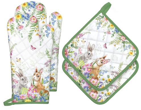 Arquiel Ostern Hase Ofenhandschuh und Topflappen 4er-Set Baumwolle | Baumwoll-Küchenset mit Ostern Hase-Motiv, hitzebeständig und praktisch zum Kochen, Backen und Grillen.