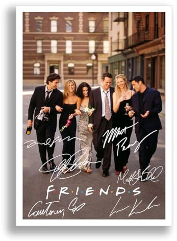 Friends Full Cast Unterschrift Signature A4-Poster-Foto-Foto Kunst Wandbild, Motiv TV-Show-Reihe Saison-Boxset Geschenk zum Geburtstag, Weihnachten, Geschenk und Andenken Courtney Cox, Matthew Perry, Jennifer Aniston, schwarz, POSTER ONLY