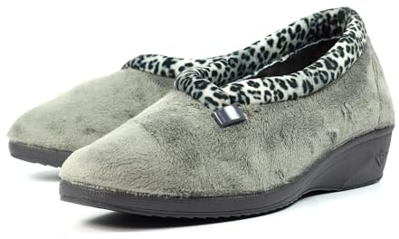 Lunar Ladies' Paloma Slippers in Grey with Leopard Trim – Cozy Memory Foam Insole, Soft Lining, Non Slip Rubber Sole, Stylish Indoor House Shoes