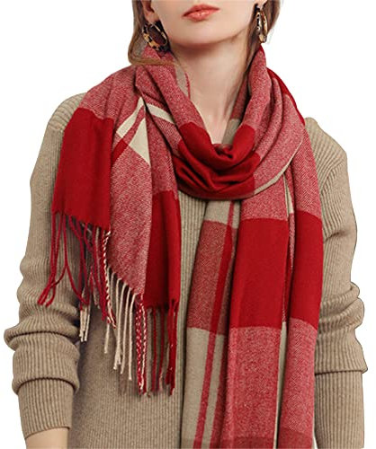 Bakicey Damen Schal XXL Warm Weich Strickschal Karo Winterschal Herbstschal Wolleschal Frauen Deckenschal Halstuch Scarf Poncho Cape, 3XL, LS Red