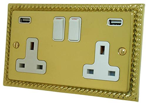 G&H MB910W Monarch Roped Polished Brass 2 Gang Double 13A Switched Plug Socket 2.1A USB