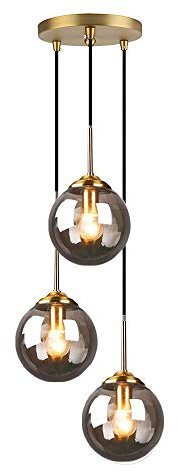 MZStech Industriel Rétro Loft 3 Voies Suspension, Cluster Lustre Suspendu Lampe Luminaire En Laiton Raccords avec Verre Globe abat-jour (Gris)