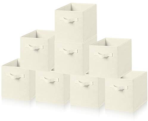 Amazing Tour 8 PCS Cube Storage Boxes 27x27x27 Foldable Fabric with Handles Collapsible for Home Office Nursery Organiser - Clothes Basket Containers, Beige
