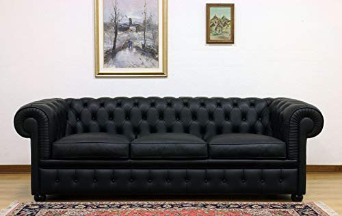 jvmoebel Design Chesterfield Sofagarnitur 3-Sitzer Leder Couch Schwarz Polster Sofas Sofa