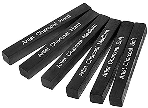 iEasey Square Black Art Charcoal Stick Compressed Charcoal Block Drawing Assorted Artist Sketch Charcoal for Drawing Sketching Shading, Pack of 6 Soft Medium Hard Charcoal Stick