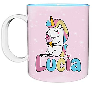 Fupies Tazza in plastica personalizzata con nome unicorno con gelato, Azzurro