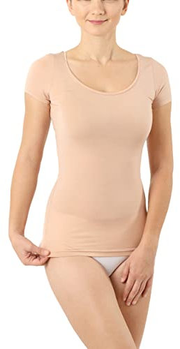 ALBERT KREUZ Damen Funktionsunterhemd Merinowolle-Tencel™ Lyocell unsichtbar tiefer Rundausschnitt Kurzarm Hautfarbe XL