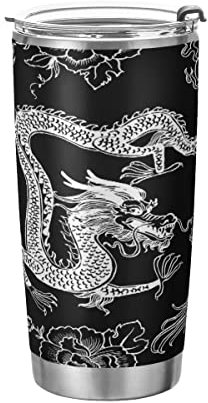 JUMBEAR Vaso con tapa y pajita de 20 onzas (600 ml), estilo dragón chino de acero inoxidable con aislamiento al vacío, taza térmica de viaje a prueba de derrames para bebidas calientes y frías