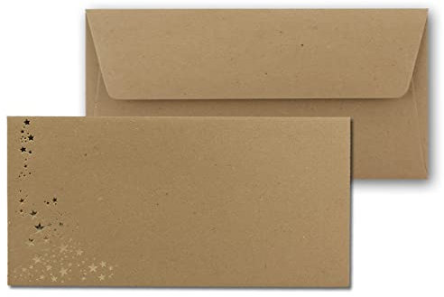 75x Kraftpapier Briefumschläge mit Metallic Sternen - DIN Lang - Gold geprägter Sternenregen - Farbe: Braun - Haftklebung - 120 g/m² - 110 x 220 mm - ideal für Weihnachten