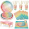Nkaiso 126 Piece Party Tableware, Rainbow Colors Theme Kids Birthday Decoration Party Accessories Set, Birthday Paper Cups Paper Plates Napkins for Wedding Shower Engagement Wedding-25 Guests