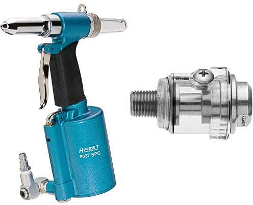 Hazet Pistolet à Rivets 9037SPC | pneumatique, hydraulique, 4 embouchures, Taille des Rivets: 2,4-4,8 mm, Longueur de la Course 14 mm & Mini lubrificateur 9070N-1 - capacité 28ml
