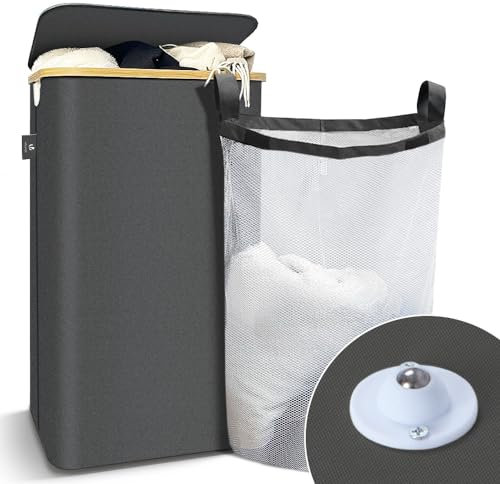 VOUNOT® Panier à Linge Pliable avec Roulettes 100L avec Couvercle et Sac Intérieur Amovible Grande Capacité Corbeille à Linge avec Poignées et Cadre en Bambou pour Vêtements Gris