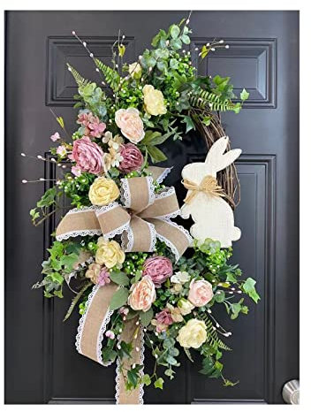 CSBL Ghirlanda Pasquale da 19 Pollici con Coniglietto, Foglie Verdi Artificiali e Ghirlande di Fiori per Porta d'Ingresso