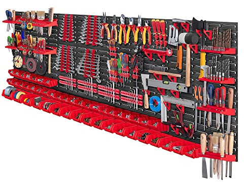 KADAX Werkzeugwandregal Groß, 232x78cm Lagersystem aus robustem Kunststoff, UV-Resistentes Modul-System, Erweiterbare Wandplatten, Werkstattregal für Garage (Rot, 132 tlg.)