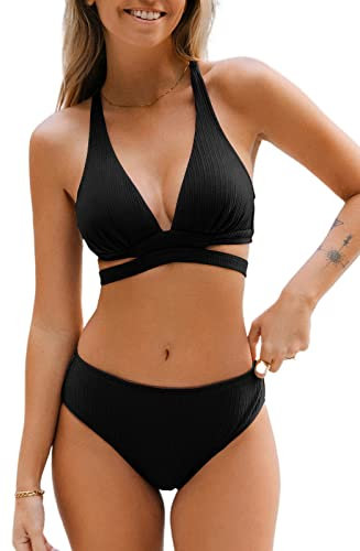 CUPSHE Damen Bikini Set V Ausschnitt Schlitz Lace Up Mid Waist Texturierte Bademode Zweiteiliger Badeanzug Swimsuit Schwarz XL
