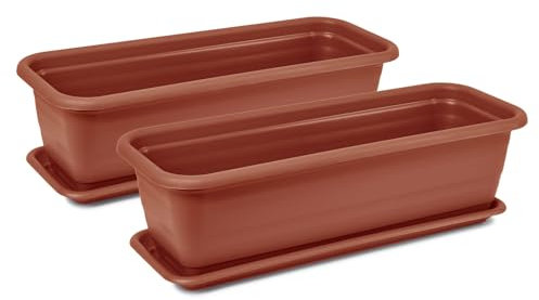 Tymar Blumenkasten mit Untersetzer, 2 Stück, Balkonkasten, Pflanzkasten aus Kunststoff, rechteckiger Blumentopf, Garten, Balkon, Terrasse(Terrakotta, 50x18,7x14,7cm)