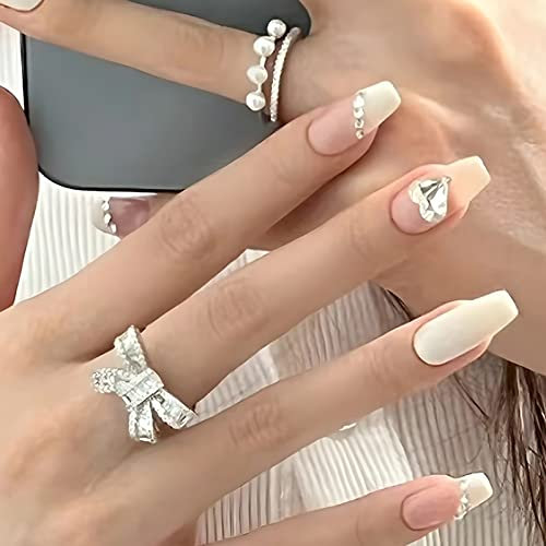 AKOFIC 24Pcs Short False Nails Coffin, French Ballerina Acrylic Press on Nails Designs, Diamond Nude Full Cover Stick on Nails, Fake Nails with Jelly Glue for Women Girls Nail Art