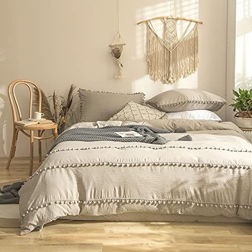 Herside Bettwäsche 135x200 4teilig Böho Pom Poms Bettwäsche-Sets Braun Grau Mikrofaser Bettbezug 2 Taupe Kissenbezüge 80x80 cm mit Reißverschluss (Taupe, 135 x 200 cm 4 teilig)
