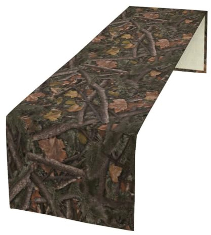 Tischläufer mit Wald-Tarnmuster, Nadelbaum, Eichenzweige, Blätter, moosige Jagdhütte, Camphütte, Abendessen, Tischdekoration für Zuhause, Küche, Esstisch, Dekoration, 33 x 152,4 cm