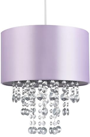 Modern and Eye-Catching Lilac Satin Fabric Pendant Light Shade with Hanging Transparent Acrylic Droplets | 30cm Diameter by Happy Homewares