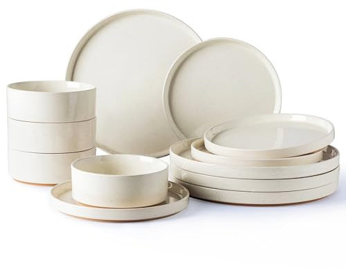 AmorArc Service de table 12 pièces en céramique pour 4 personnes, assiettes et bols en grès moucheté avec terre cuite non émaillée – Résistant aux rayures, au lave-vaisselle et au micro-ondes – Beige
