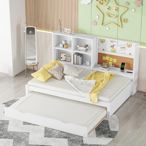 KUAKE 90 x 200cm Einzelbett,Plattformbett Schlafsofa mit ausziehbarem Bett, Holzbett mit USB-Ladeanschluss, Zeichenbrett, mehrere Staufächer (Weiß)