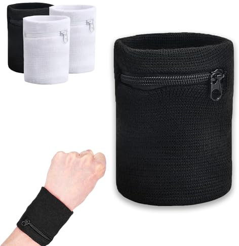 Sport Handgelenktasche, Schwarz und Weiß Handgelenktasche mit Reißverschluss 4 Stück, Schweissband Handgelenk, Sweatband Geldbörse, Sweat Absorbierender Handgelenkschlauch, für Basketball Laufen
