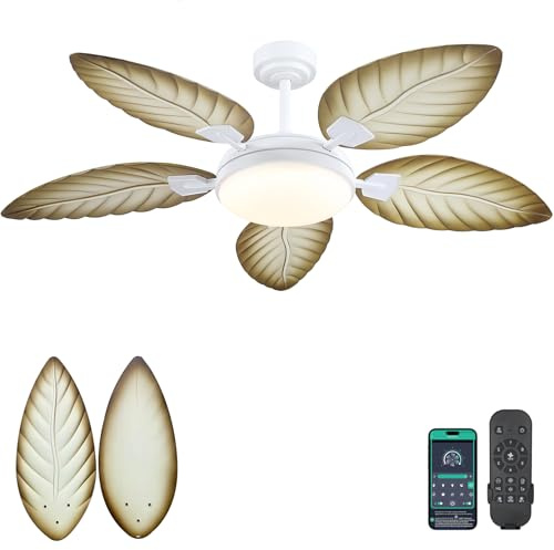 PHORUS 52 Palm Leaf Ceiling Fans with Lights, Outdoor Tropical Ceiling Fans with Remote for Patios Living Room, Dimmable, 6 Speeds, Reversible, Wood Grain