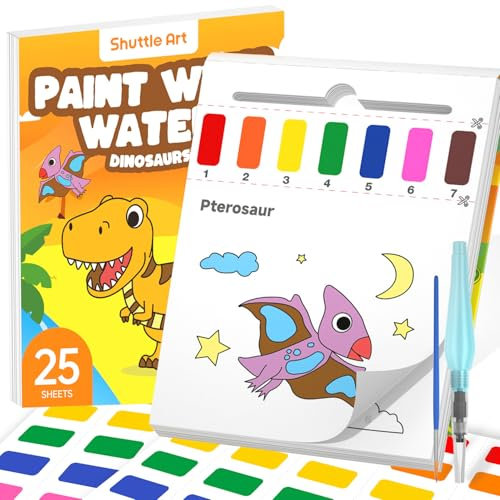 Shuttle Art Peinture avec Livres d'Eau pour Tout-Petits, 25 Pages Livre Peinture Magique à l'Eau sur Thème Dinosaures avec 2 Pinceaux, Papier de Peinture Aquarelle Coloriage Enfants Artisanat