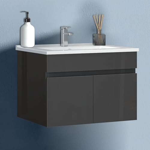HAPAOSO 60 cm Waschtisch mit Unterschrank Soft-Close Badmöbel Set mit Waschbecken Keramik dünn Gäste WC Hochglänzend Anthrazit
