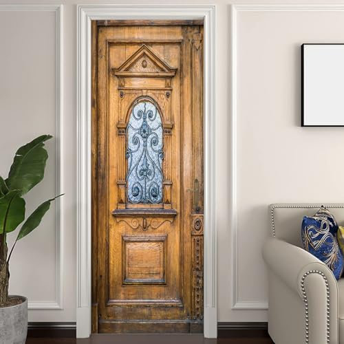 Sticker Porte Trompe l'oeil Effect Papier Peint 3D Jaune et portes en bois pour Porte intérieure Bureau Chambre à Coucher Salon Salle de Bain Pont L77 x H200cm