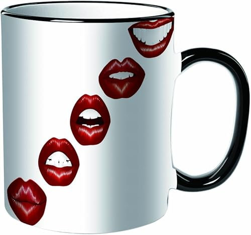 KDWJS Coffee Mug Funny Mug,Coloured Mug Cup Gift Birthday Work Office Christmas Printed Coffee Cup 11Oz Cups 330ml,White,Kiss, Smiling Bright red Lips Kiss Sexy Lipstick Mouth Mimicry Cosmeti