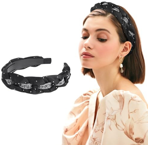 LOPHE Dirndl Haarreif Schwarz, Rutschfestes Geflochtenes Stirnband für Damen, Haarreifen Oktoberfest Breitem Haarband mit Diamanten, Stirnband als Kopfschmuck für Damen