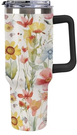 QWNMD Thermobecher aus Edelstahl, mit großem Fassungsvermögen, Wasserfarben, Frühlingsblumen-Druck, Reisebecher, isolierter Becher mit Deckel, auslaufsicher, Auto-Becher, Campingbecher, 1,2 l