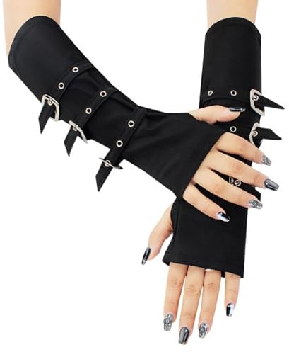 TUONYIS Fingerlose Handschuhe Frauen Winter lange Halbhandschuhe Damen Armstulpen Punkhandschuhe Fingerlose Schwarze Schnalle Arm Gotisch Punk Handschuhe Goth Punk Handschuhe