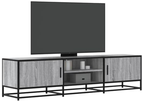 Homgoday Meuble TV gris Sonoma 160 x 35 x 41 cm en bois multicouche et métal, meuble TV meuble bas pour TV pour table de salon industrielle, support TV salon