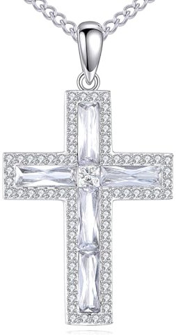 YFN Kreuz Halskette Sterling Silber Kubischer Zirkoniumdioxid Kreuz Anhänger Kette Religiös Schmuck Geschenke für Damen Herren (Weiß)