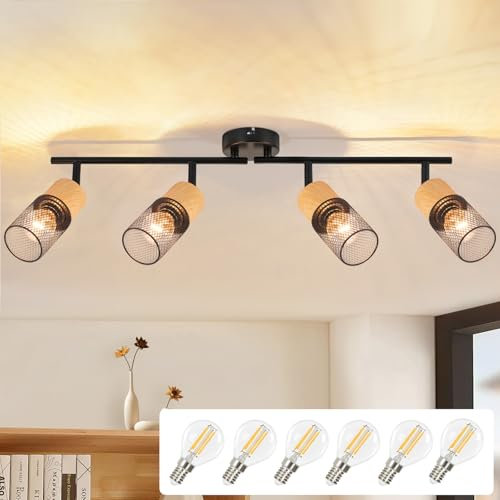GBLY Deckenstrahler 4 Flammig Deckenleuchte: Vintage Deckenlampe mit 6 Birnen Schwarz Holz Spots 350°Schwenkbar E14 Deckenspots Küchenlampe Retro Wandstrahler für Wohnzimmer Schlafzimmer Küche