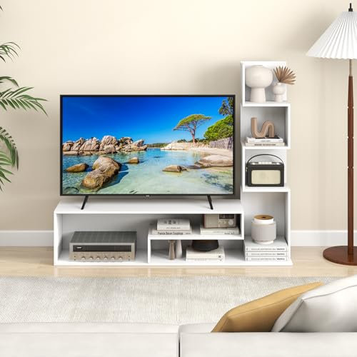 GIANTEX Fernsehschrank mit Stauraum, TV-Schrank mit 2 L-förmigen Regalen & 3 Ablagefächern, Fernsehtisch für TVs bis zu 50 Zoll, TV-Board Sideboard Lowboard Holz, Raumteiler Bücherregal Eckregal