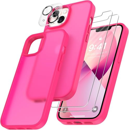 FLLAO 4 in 1 Handyhülle für iPhone 13 Hülle mit 2 Schutzfolie und 1 KameraSchutz, [Integriertes Luftkissen] Stoßfest Kratzfest Weich TPU Schutzhülle für iPhone 13, Leuchtend Rosa