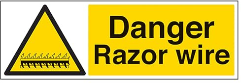 V Safety Danger Razor Wire - Landscape 300 x 100 mm - Glow In The Dark 1mm Rigid Plastic Safety Sign