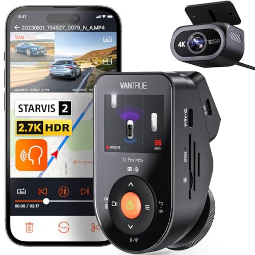 VANTRUE S1 Pro MAX 4K+ 4K Dual STARVIS 2 Dash CAM para Coche, cámara Frontal y Trasera, 5G WiFi PlatePix AI GPS 360° HDR Buffer, cámara de estacionamiento, LTE Opcional, comandos de Voz, 1 TB máx.